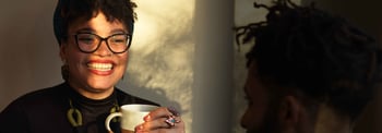 banner smiling lady drinking coffee